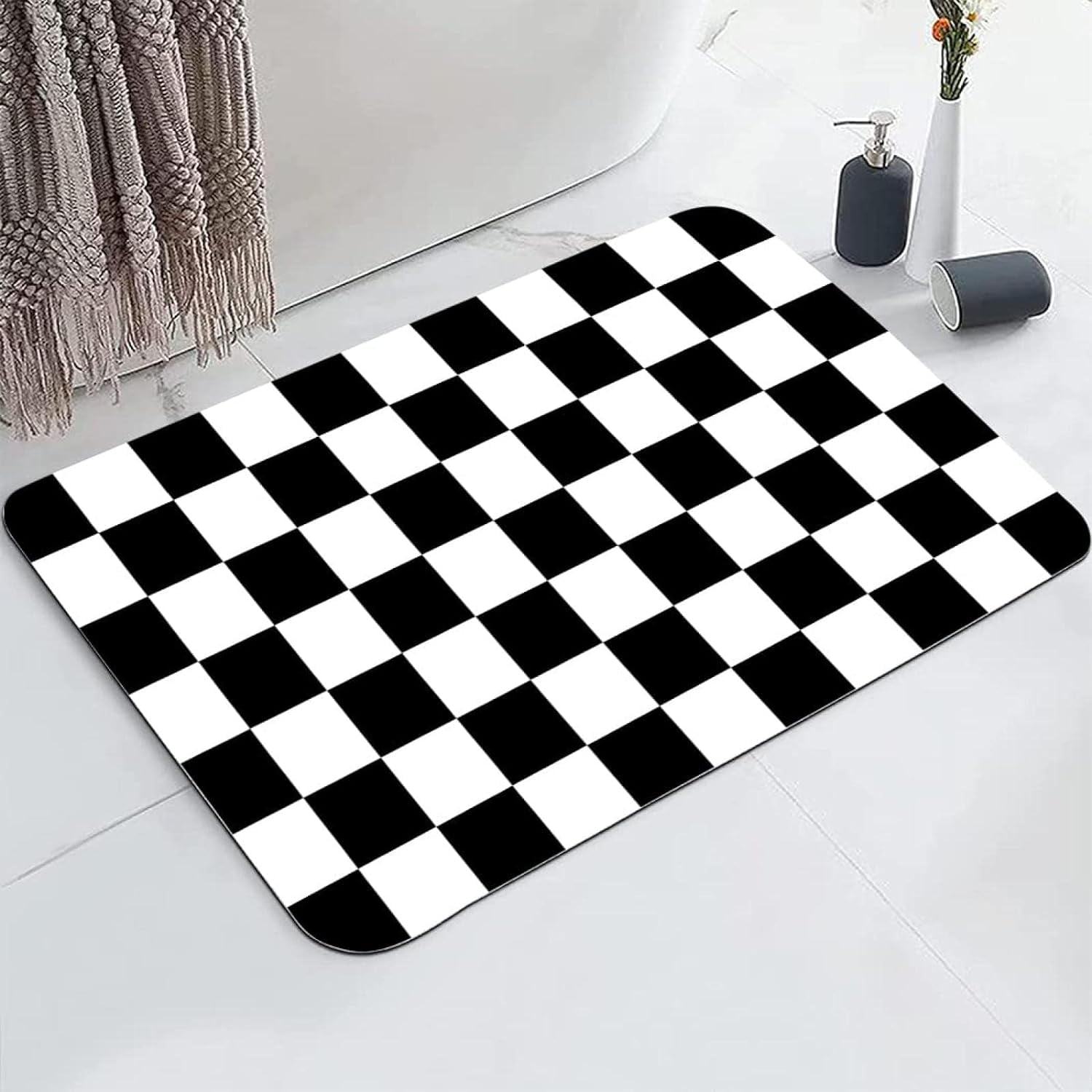 Classic Black White Checker Board Rug Non Slip Bath Mat, Buffalo Checkered Flag Soft Shaggy Low