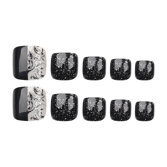 Classic Black and White Decorative Scroll Pattern with Glitter Accents Press on Toenails, Short Squoval Shape Glossy and Glitter Finish Fake Toenails, 24 Count