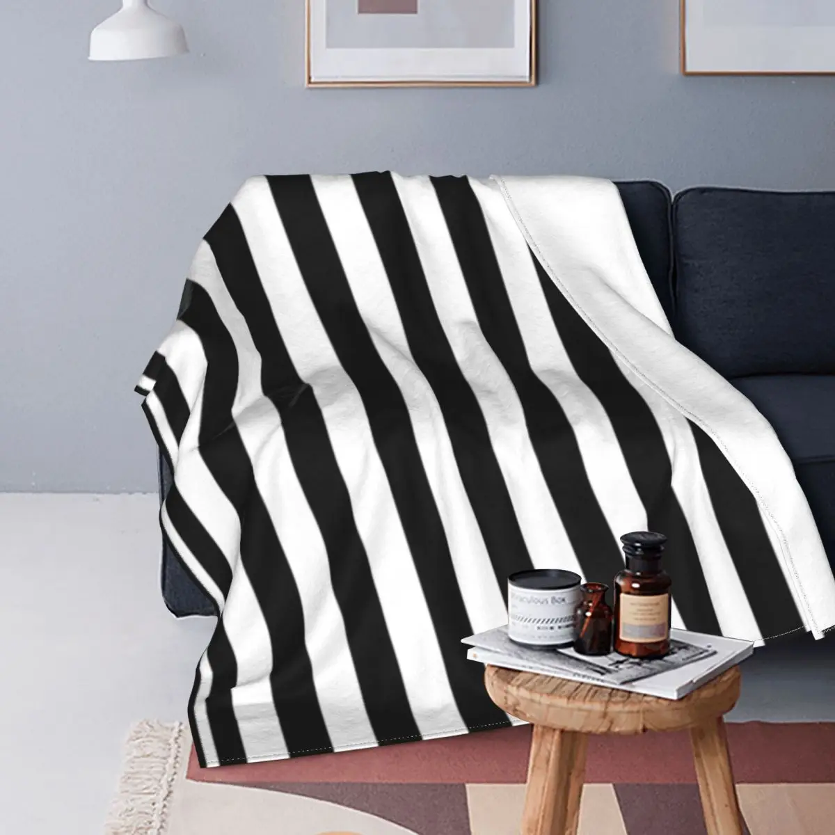 Classic Black White Striped Pattern Flannel Throw Blanket Soft Warm
