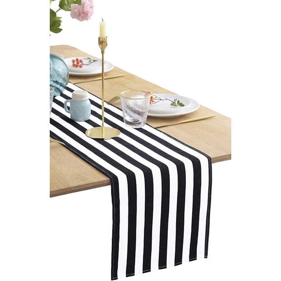 Classic Black and White Striped Table Runner, Modern Stripes Pattern Elegant Cotton Canvas Table Top Decor for Art Deco Wedding, Bridal Shower, Bachelorette Party Decorations, 12" x 108"
