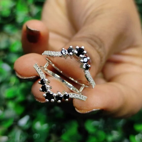 Classic Black and White Diamond Ring Enhance Wrap in 925 Sterling Silver Custom Birthstone Ring