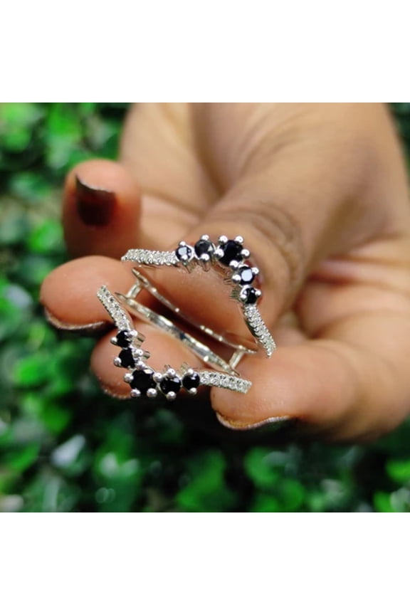 Classic Black and White Diamond Ring Enhance Wrap in 925 Sterling Silver Custom Birthstone Ring