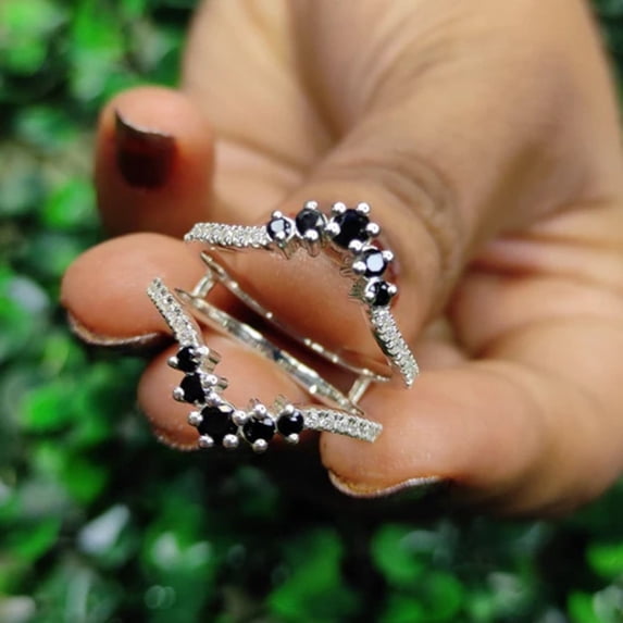 Classic Black and White Diamond Ring Enhance Wrap in 925 Sterling Silver Custom Birthstone Ring