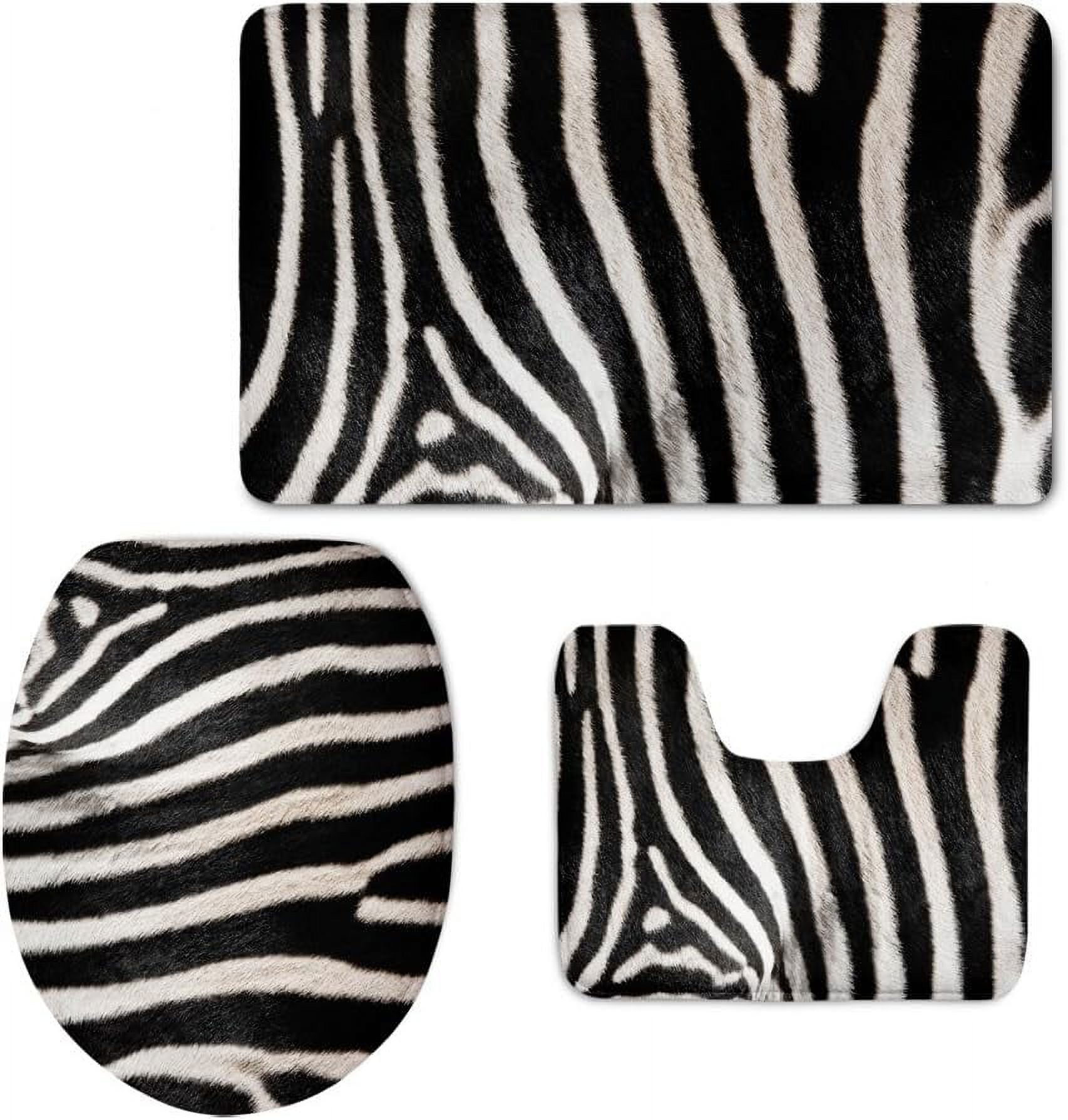 Classic Black and White Striped Zebra Bath Mat Set with Rug/Contour/Lid ...