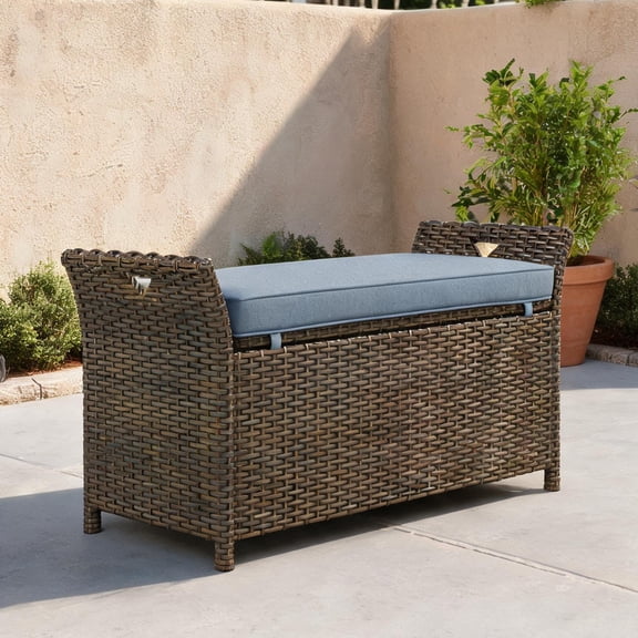 Classic Blue 2-Seat 27 Gallon Rectangular PE Rattan Outdoor Patio Storage Bench with Cushion