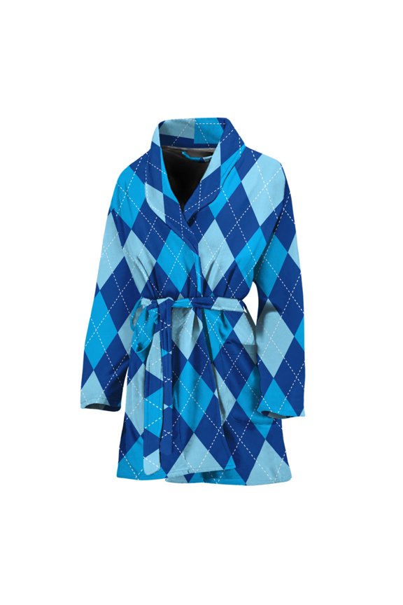 Classic Blue Argyle Pattern Women Bathrobe One Size Univeral Fits, Checkered Caro Plaid Tartan Fashion Lightweight Plush Fleece Long Robe For Women