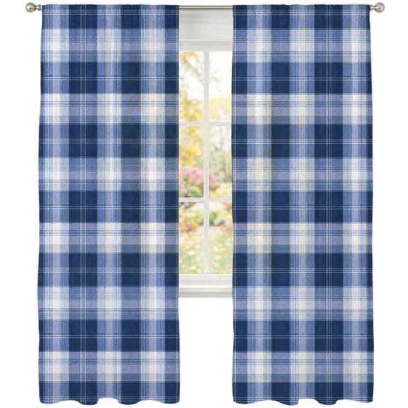 Classic Blue Check Sheer Curtains 108 Inches Long, Dark Blue and White Buffalo Plaid Gingham Light Filtering Sheer Window Curtains Drapes for Living Room Bedroom 2 Panels Set