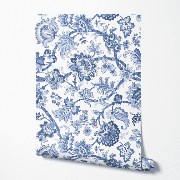 Classic Blue Chinoiserie Floral Toile Peel and Stick Wallpaper - Sample