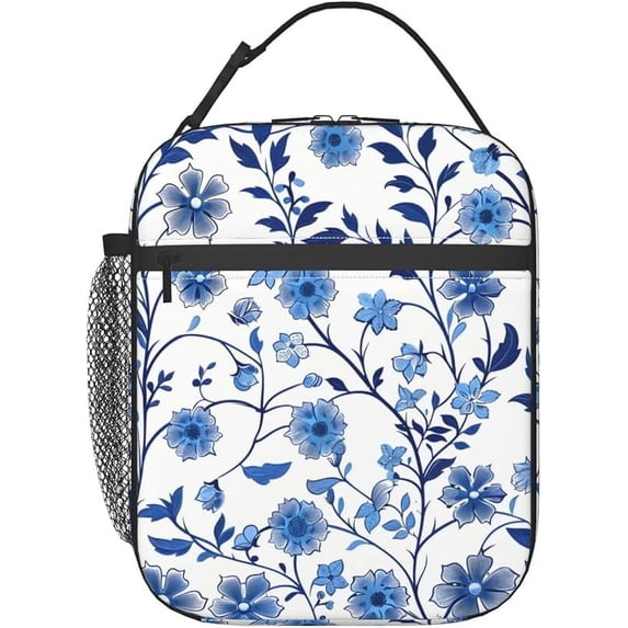 Classic Blue Floral Blossom Lunch Box for Women Men, Insulated Lunch Box, Reusable Lunch Bag for Office, Work, Picnic, Travel