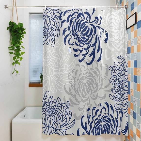 Classic Blue Flower Shower Curtain for Bathroom, Chrysanthemum Blossom Floral Seamless Waterproof Shower Curtains Washable Quick Dry with Hooks Bathtub Curtains 60x72IN