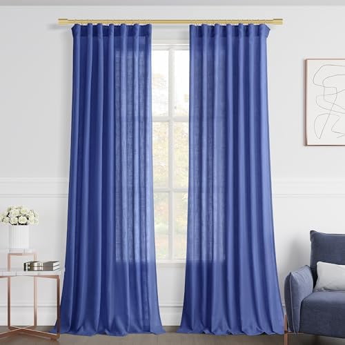 Classic Blue Linen Semi Sheer Curtains 84 Inches Length Light Filtering Neutral Farmhouse Boho Rod Pocket Back Tab Hook Belt Clip Rings Window Drapes for Bedroom Living Room 2 Panels 52x84