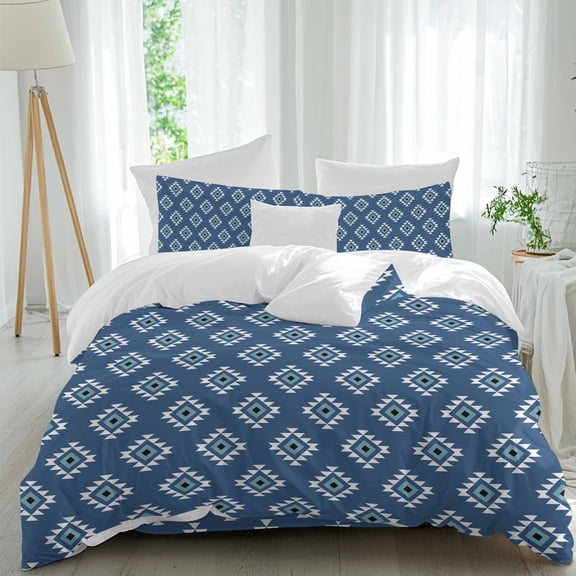 Classic Blue Pattern Queen Size Comforter Set, Abstract Tribal Aztec Western Bedding for All Seasons, 4 Pcs Bed Set, 1Quiltcover (90"x92") ,1Sheet(94"x116"), 2Pillowcases (30"x20")