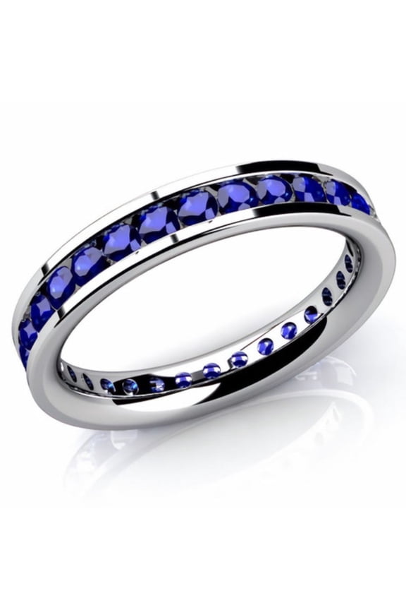 Classic Blue Sapphire Channel Set Eternity Band in 925 Sterling Silver – Stackable September Birthstone Ring for Women