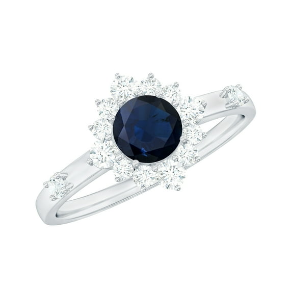 Rosec Jewels Classic Blue Sapphire Ring with Diamond Halo for Women (5 mm, 1.50 CT), 10K White Gold, US 5.50