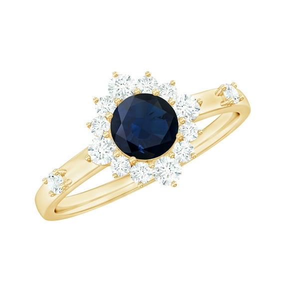 Rosec Jewels Classic Blue Sapphire Ring with Diamond Halo for Women (5 mm, 1.50 CT), 14K Yellow Gold, US 12.00