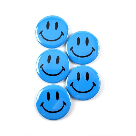 Classic Blue Smiley Face Pinback Button Badges - 2.25 Inch Round - 5 Pack
