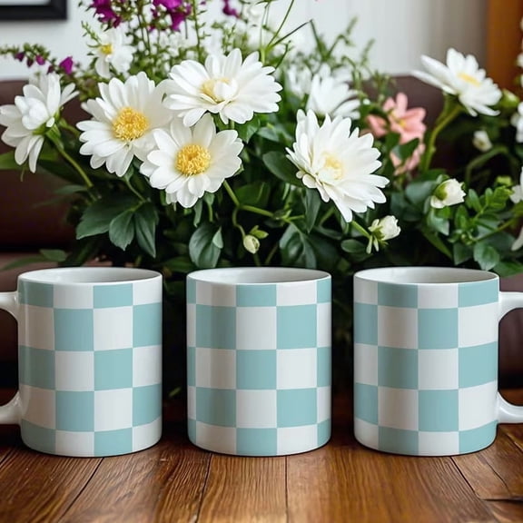 Classic Blue White Checkered 11oz Ceramic Coffee Mug Durable Heat Resistant Drinkware for Home Office Daily Use