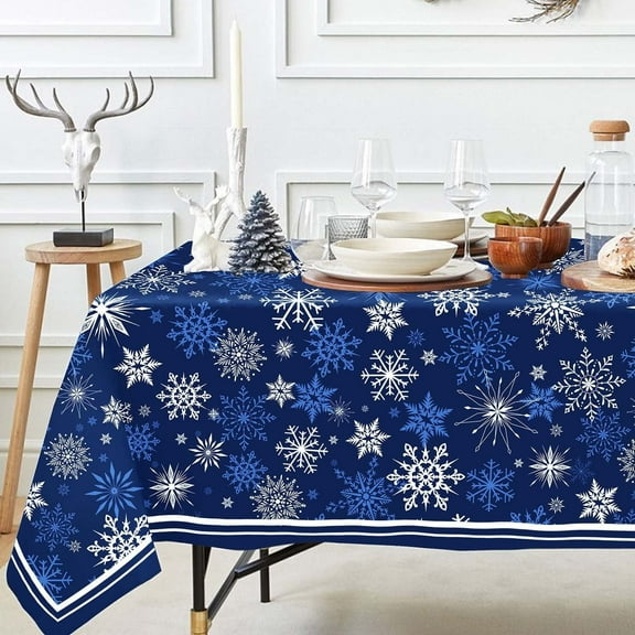 Classic Blue Winter Snowflake Christmas Tablecloth - Blue and White Winter Holiday Snowflake Print Xmas Easy Care Table Cloth Decoration Table Cover, 60" x 84" (6-8 Seats),Oblong/Rectangle