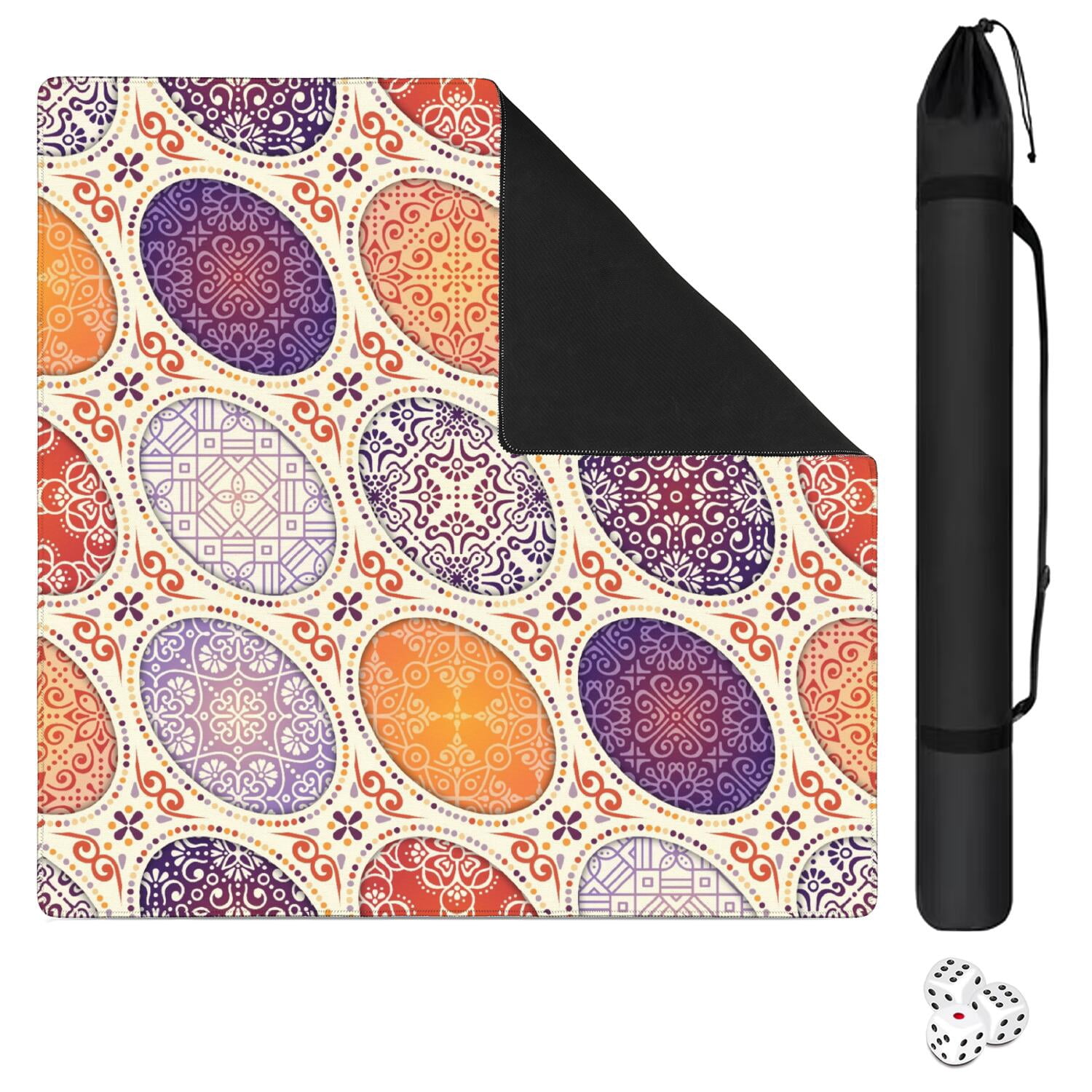 Classic Boho Pattern Non-Skid Mahjong Table Mat 31.5x31.5 Inch Rubber Playing Surface Reduces Noise with Anti-Slip Bottom for Card Games and Game Nights