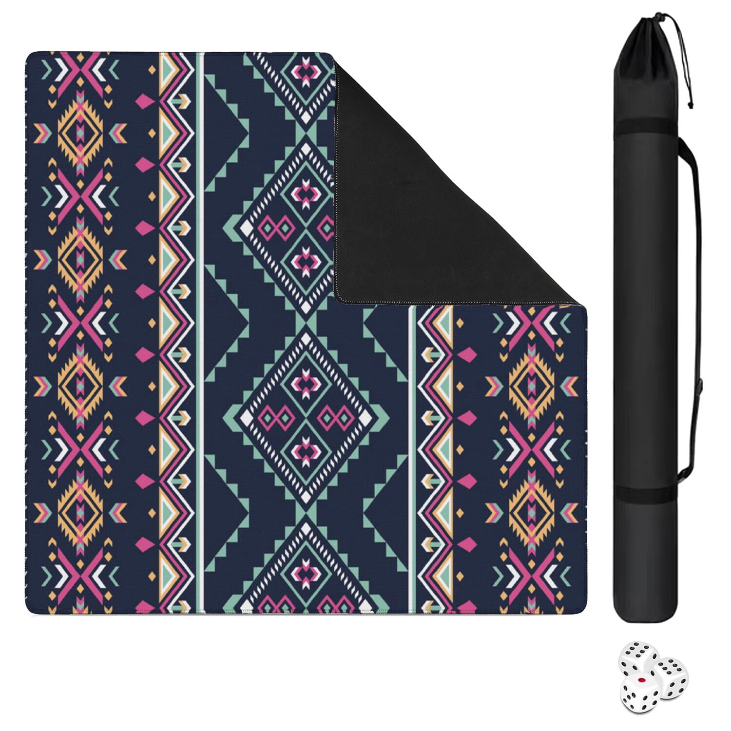 Classic Boho Pattern Non-Slip Game Room Mat 31.5 Inch Square Rubber Mahjong Playing Surface with Noise Dampening for Card Games and Board Game Nights