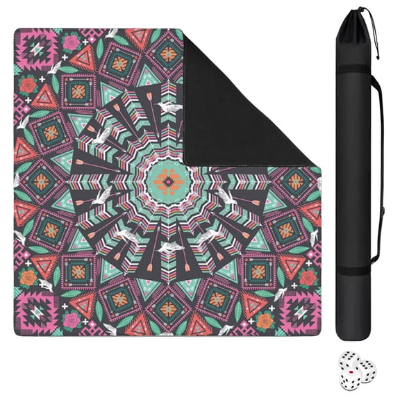 Classic Boho Pattern Non-Slip Game Room Mat 31.5 Inch Square Rubber Mahjong Playing Surface with Noise Dampening for Card Games and Board Game Nights