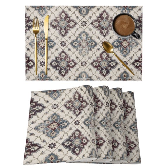 Classic Boho Placemats Set of 2 Beige Grey Traditional Minimalist Place Mats Indoor Wipeable Table Mats Washable Cloth Dining Table Placemats for Kitchen Holiday Party Home Decor 13x19 Inch