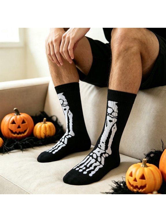 Classic Bone Print Socks for Halloween Black Mid Calf Crew Socks for Women Men Fun Gift One Size