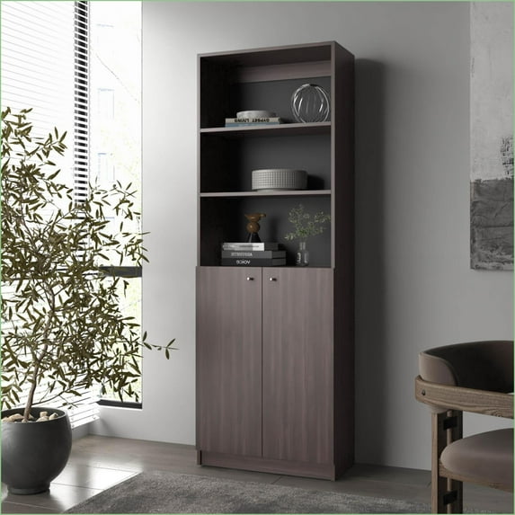 Classic Bookcase with 3-Tier Open Shelves & 2 Closed Doors | Stained Walnut | 41”H x 30”W x 38.25”D | Walnut | Particle Board
