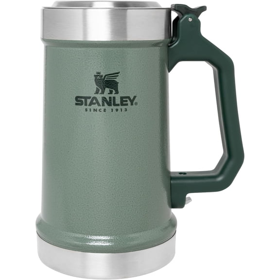 Classic Bottle Opener Beer Stein 24 oz | Flip Up Lid and Heavy Duty Handle with Built In Bottle Opener | Insulated Stainless Steel Beer Mug | BPA-Free | Hammertone Green