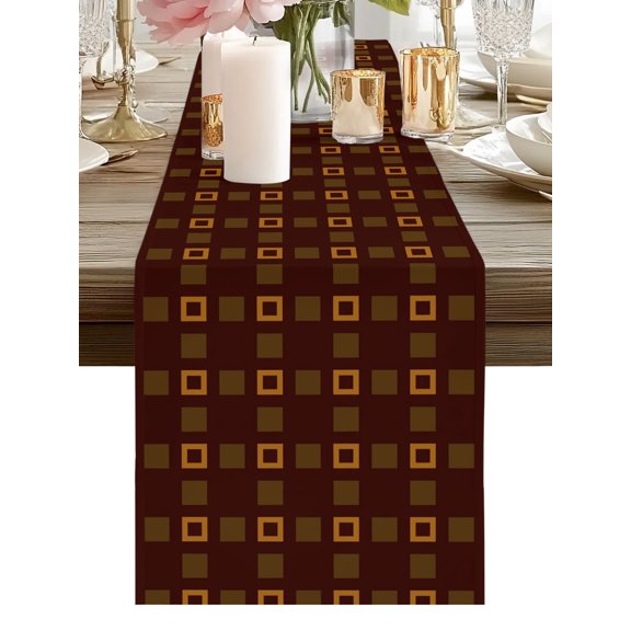 Classic Brown Blocks Table Runners 36 Inches Long Modern Squares Grid Kitchen Dining Table Runner Dresser Scarves for Party Coffee Holiday Party Decor