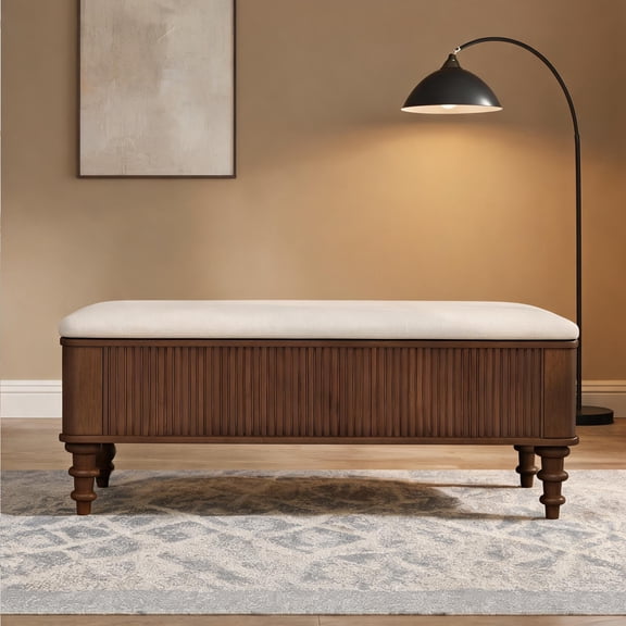 Classic Brown Contemporary Transitional Multi-Functional Flip Top Storage Bench, 50.8 Inch 2-Seat Solid Rubberwood with Linen Seat