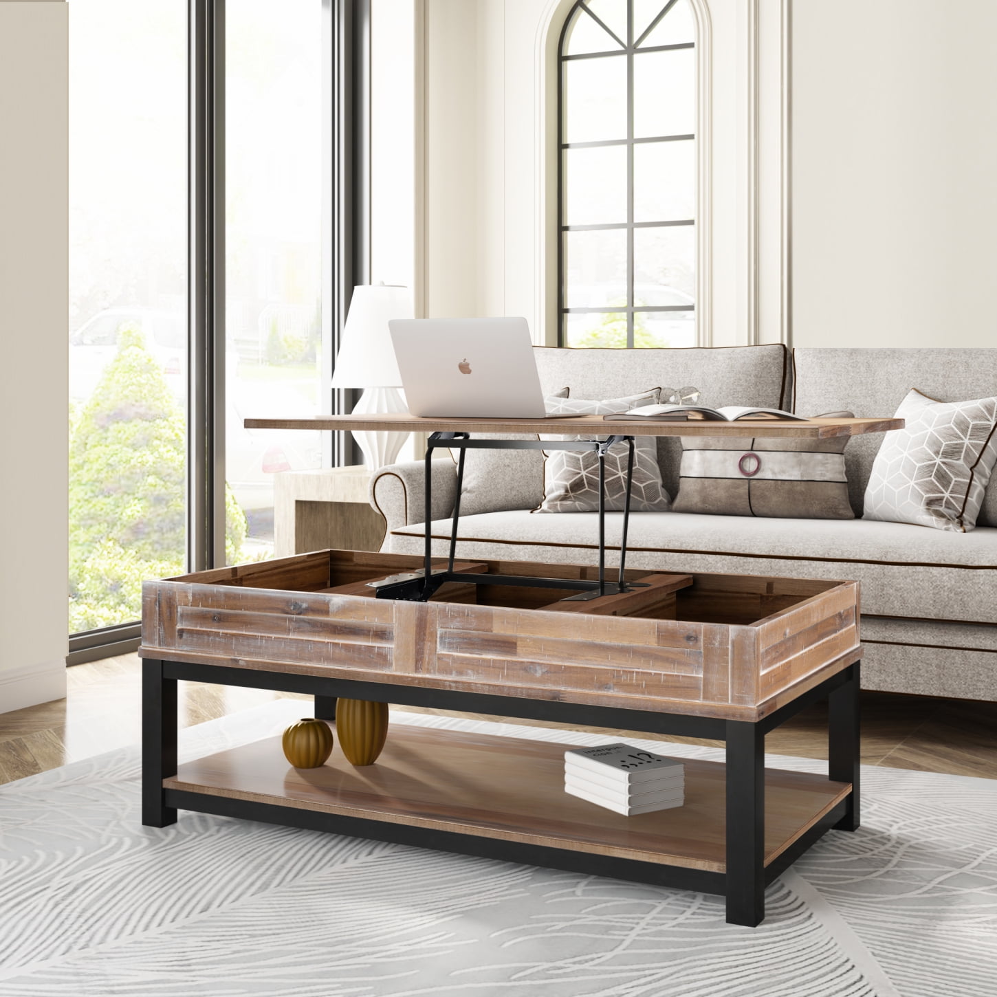 Classic Brown LiftTop Coffee Table with Concealed Storage and Display