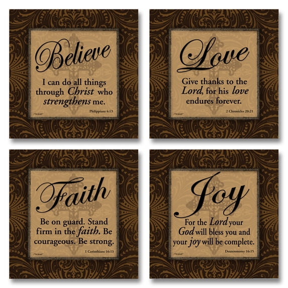 Classic Brown Religious Bible Quote Scripture Adult Decor; 4 - 12" x 12" Unframed Posters
