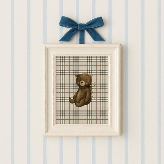 Classic Brown Teddy Bear Wall Art Plaid Background Nursery Decor Poster UNFRAMED 24x36
