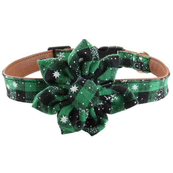 Classic Buffalo Plaid Christmas Dog Collar, Adjustable Red Green Collar with Removable Snowflake Flower for Medium Breeds