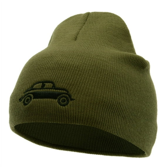 Classic Bug Car Embroidered 8 Inch Knitted Short Beanie - Olive OSFM