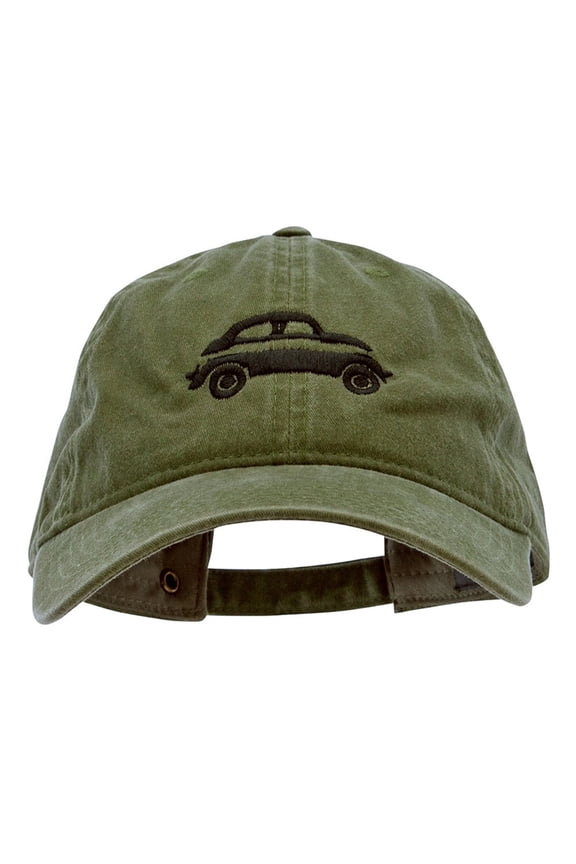 Classic Bug Car Embroidered Washed Solid Pigment Dyed Cotton Twill Brass Buckle Cap - Olive OSFM