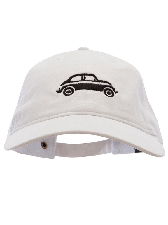 Classic Bug Car Embroidered Washed Solid Pigment Dyed Cotton Twill Brass Buckle Cap - White OSFM