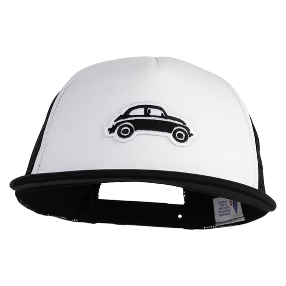 Classic Bug Car Symbol Iron on Patched Flat Bill Trucker Snapback Cap - White Black OSFM