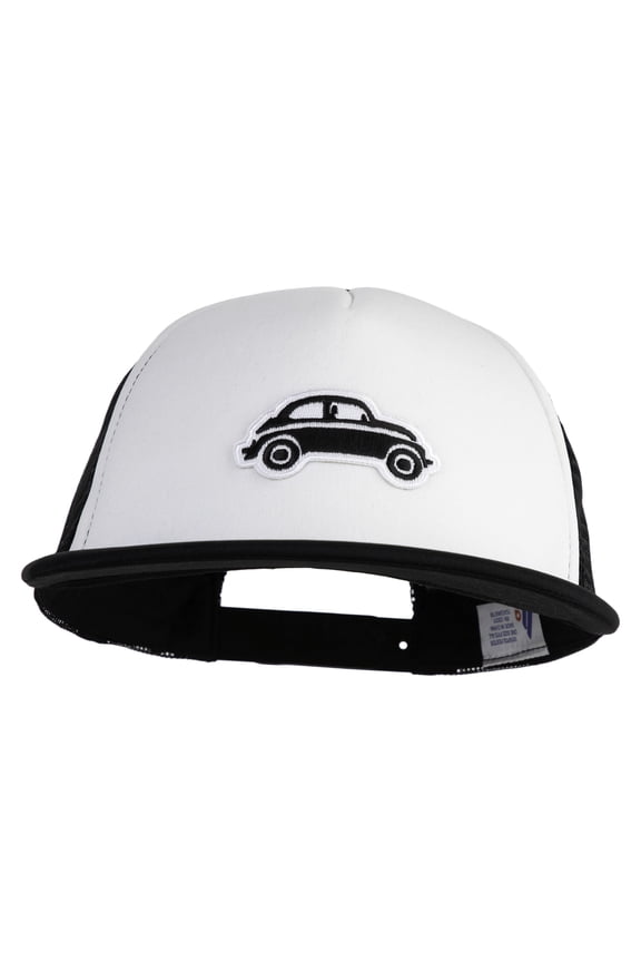 Classic Bug Car Symbol Iron on Patched Flat Bill Trucker Snapback Cap - White Black OSFM