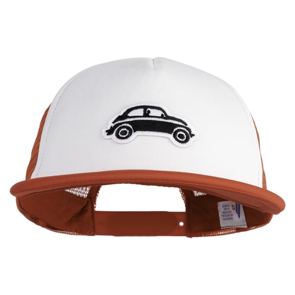 Classic Bug Car Symbol Iron on Patched Flat Bill Trucker Snapback Cap - White Red OSFM