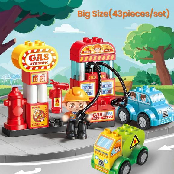 Classic Building Blocks Set with Car & Truck, 43Pieces Gas Station Building Set Education Toys for 3-8 Years Old