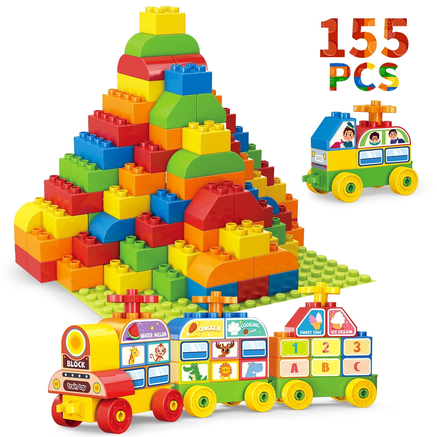 Classic Building Blocks For Toddlers, 155 Pieces Large Building Bricks With A Baseplate, Big Blocks Counting Train Toys to Learn Number & Alphabet, Compatible with All Major Brands