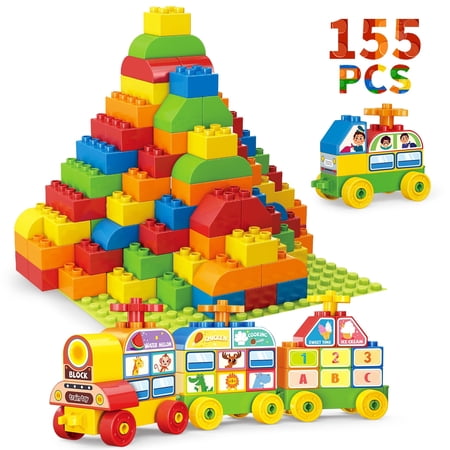 Classic Building Blocks For Toddlers, 155 Pieces Large Building Bricks With A Baseplate, Big Blocks Counting Train Toys to Learn Number & Alphabet, Compatible with All Major Brands
