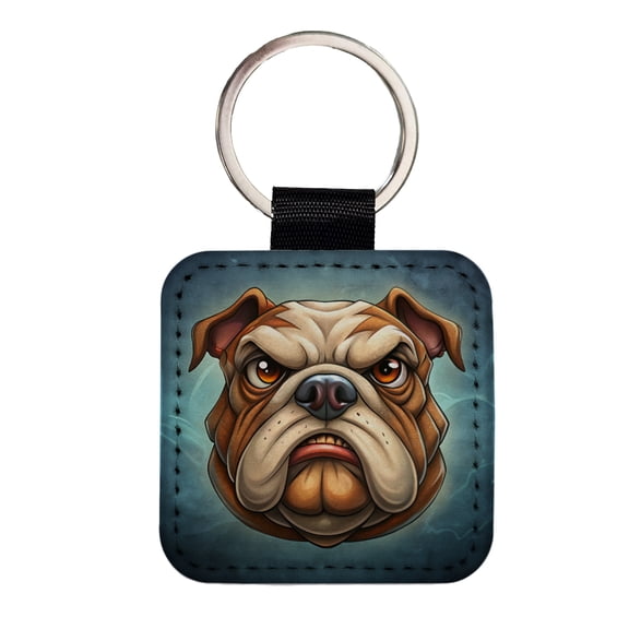 Classic Bulldog Face Cartoon Faux Leather Square Keychain