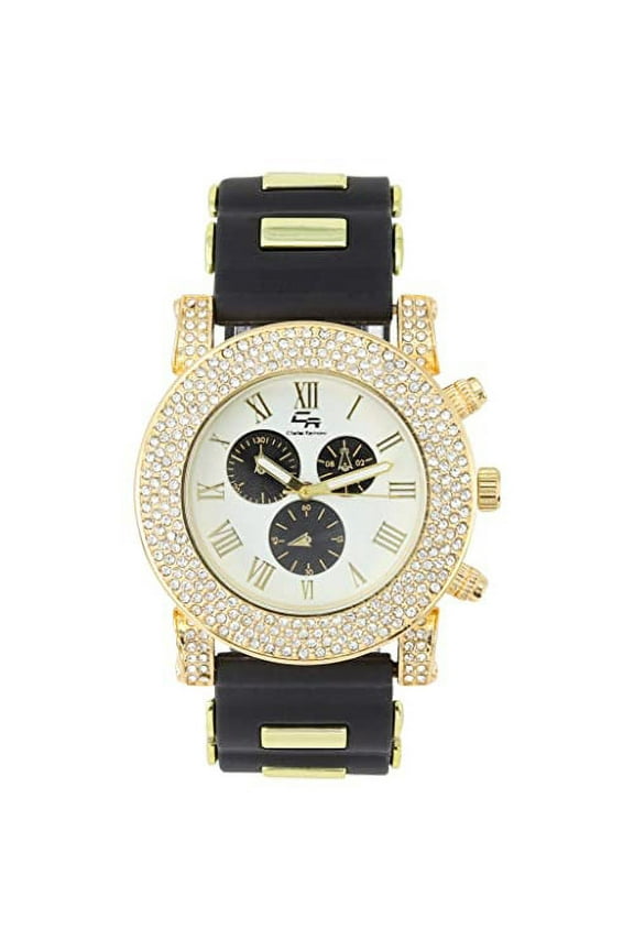 Classic Bullet Rubber Blinged Out Hip Hop Watch w/a Touch of Casual Sporty Colorful Faux Chrono 3 Eyes - Playful MF Iced Out Watch on The House Dance Floor - ST10248 Black/Wht-Blk Eyes