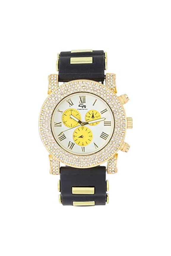 Classic Bullet Rubber Blinged Out Hip Hop Watch w/a Touch of Casual Sporty Colorful Faux Chrono 3 Eyes - Playful MF Iced Out Watch on The House Dance Floor - ST10248 Black/Wht-Yellow Eyes