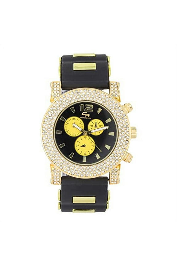 Classic Bullet Rubber Blinged Out Hip Hop Watch w/a Touch of Casual Sporty Colorful Faux Chrono 3 Eyes - Playful MF Iced Out Watch on The House Dance Floor - ST10248 Black/Blk-Yellow Eyes