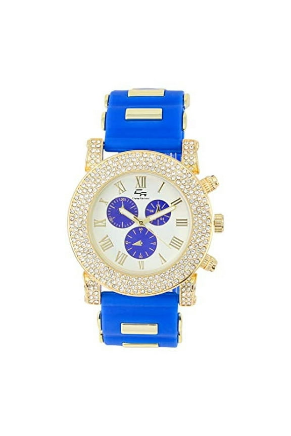 Classic Bullet Rubber Blinged Out Hip Hop Watch w/a Touch of Casual Sporty Colorful Faux Chrono 3 Eyes - Playful MF Iced Out Watch on The House Dance Floor - ST10248 Blue/Wht-Blue Eyes