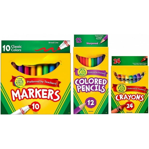 Classic Bundle: 3 Items - Crayons (24 Count), Broad Line Markers (10 Count), Colored Pencils (12 Count)